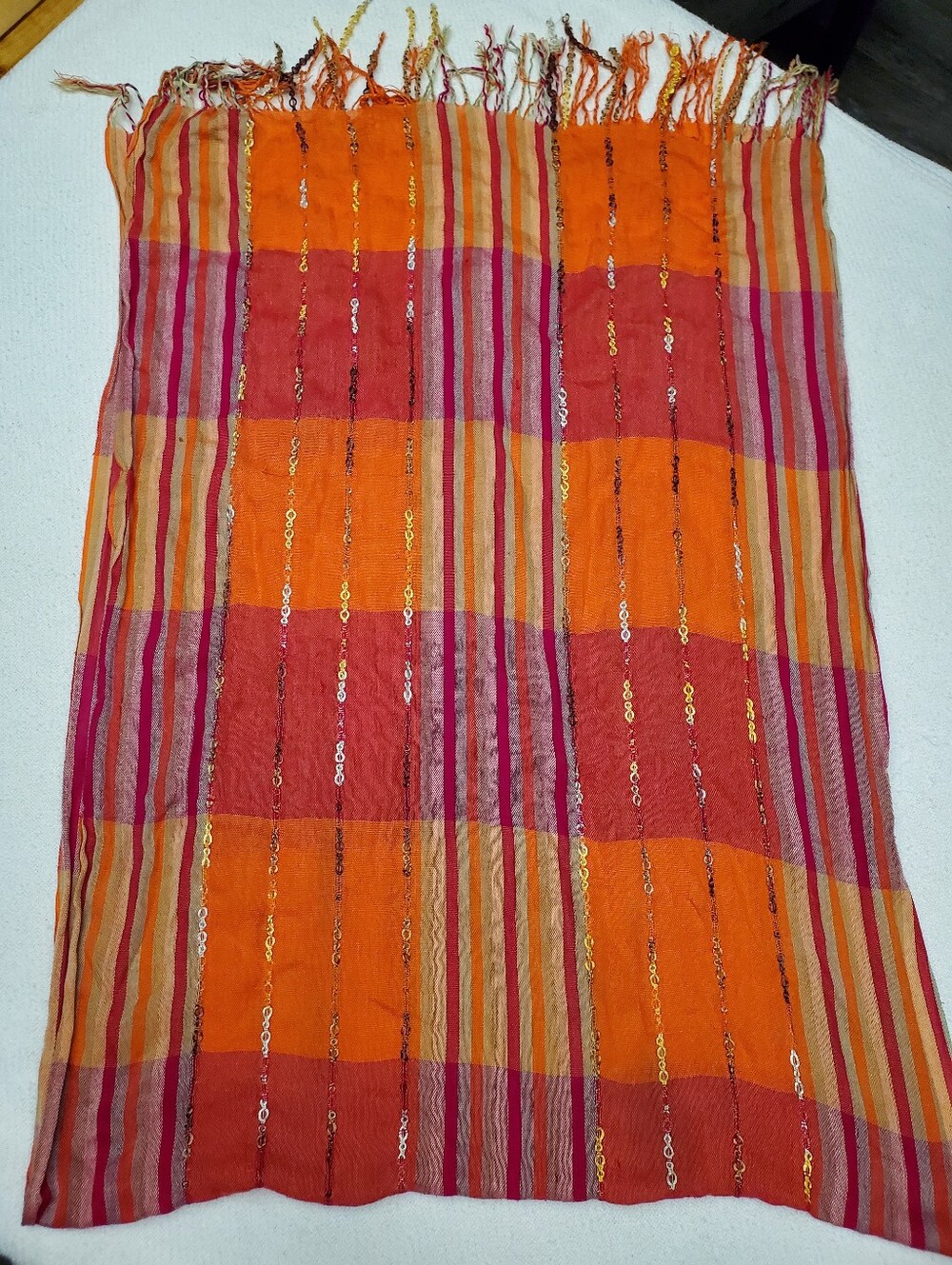 Boho Indian Striped Sequin Fringe Wrap Shawl Scarf Orange Red Gold Lurex Tassel